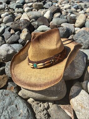 Dallas Hats Brown Straw Western Cowgirl Hat with Beaded Band-Medium-Wire Brim